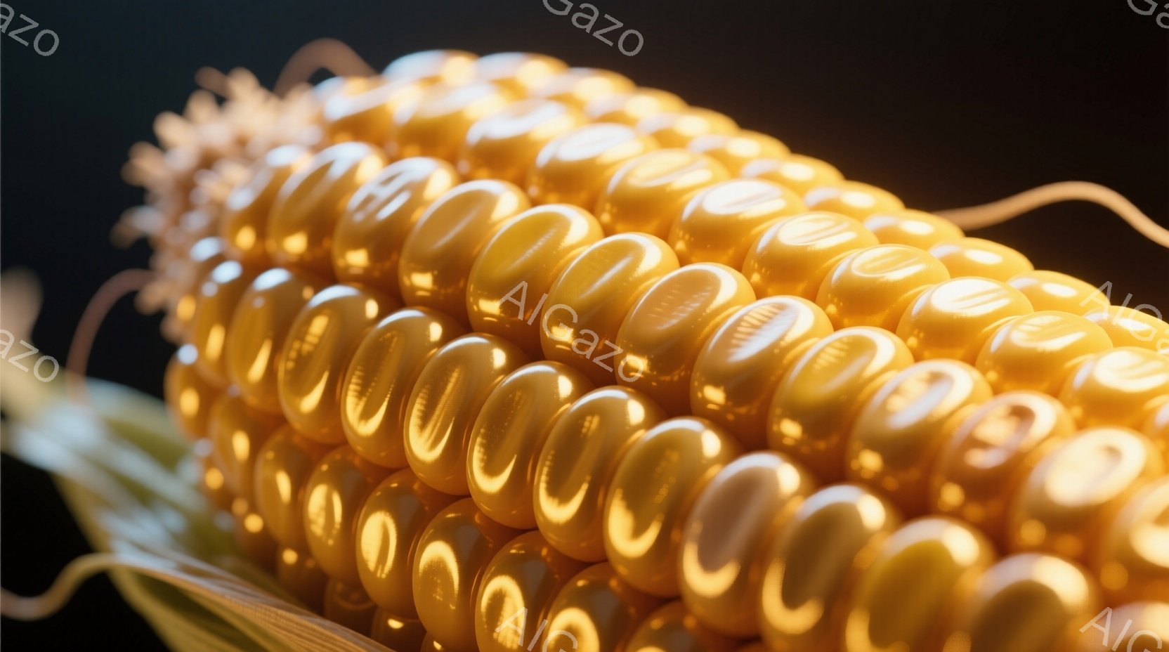 鮮やかな黄金色のトウモロコシのクローズアップです。粒は丸く、つややかで、葉は緑色で鮮やか、トウモロコシの根元に集まっています。背景は暗く、トウモロコシが際立っており、全体的に豊穣さと自然の恵みを表現しています。