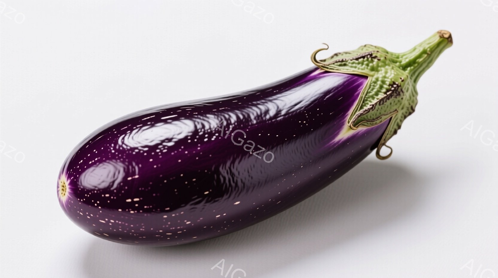 濃い紫色をしたナスが、白い背景に置かれています。表面には微細な点々があり、光沢があり新鮮な印象を与えます。ヘタの部分は緑色で、ナス全体が生き生きとしています。 - AI生成フリー素材