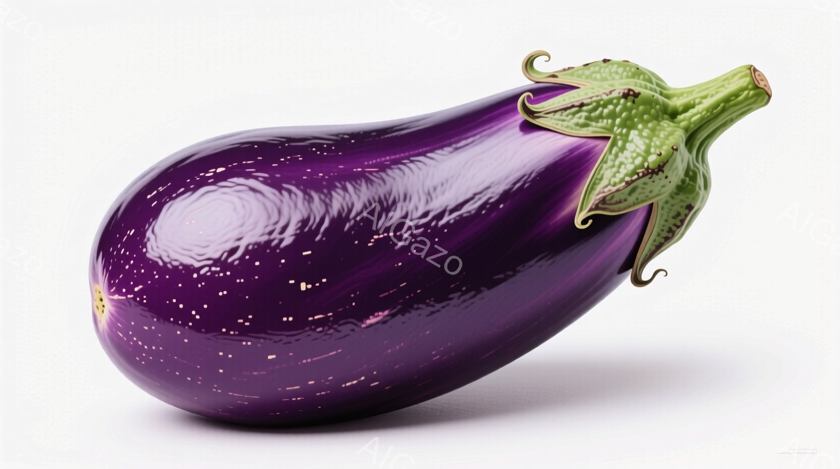 深い紫色のナスが、白背景に鮮やかに浮かび上がっています。表面には光沢があり、微細な斑点が確認できます。緑色の萼が独特の形状をしており、ナス全体に自然な曲線美を与えています。 - AI生成フリー素材