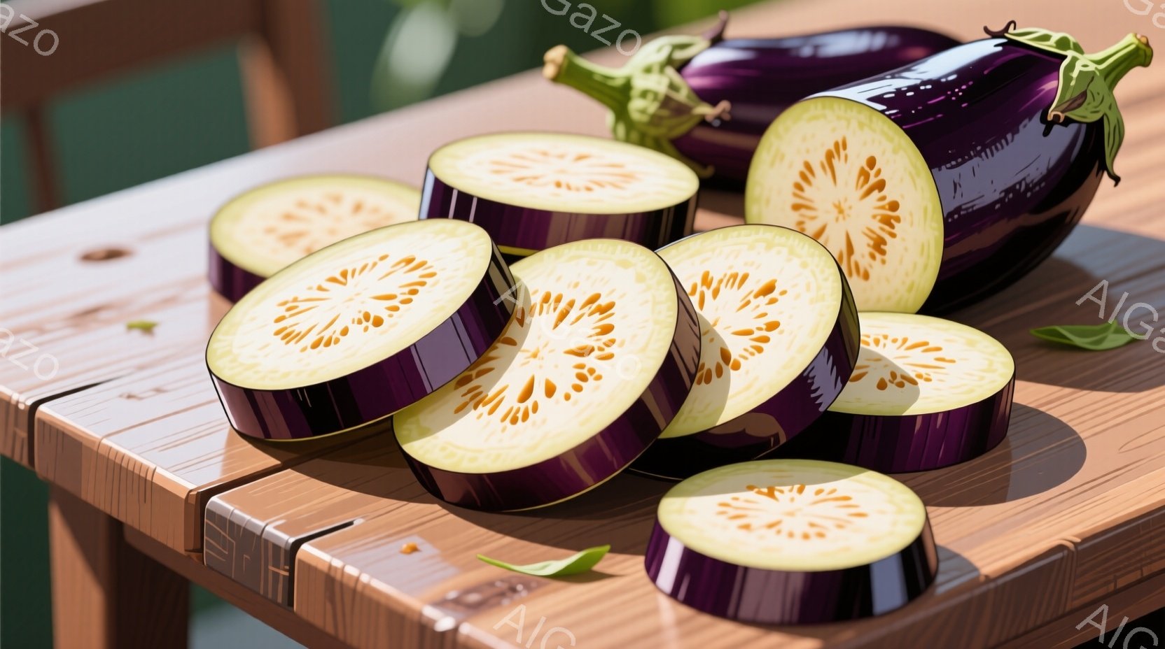 滑らかな木製のテーブルの上に、紫色のナスが輪切りにされ、散りばめられています。ナスは鮮やかな紫色で、切り口からは淡い黄色の果肉が見え、みずみずしさを感じさせます。背景はぼやけており、自然光が差し込み、 - AI生成フリー素材