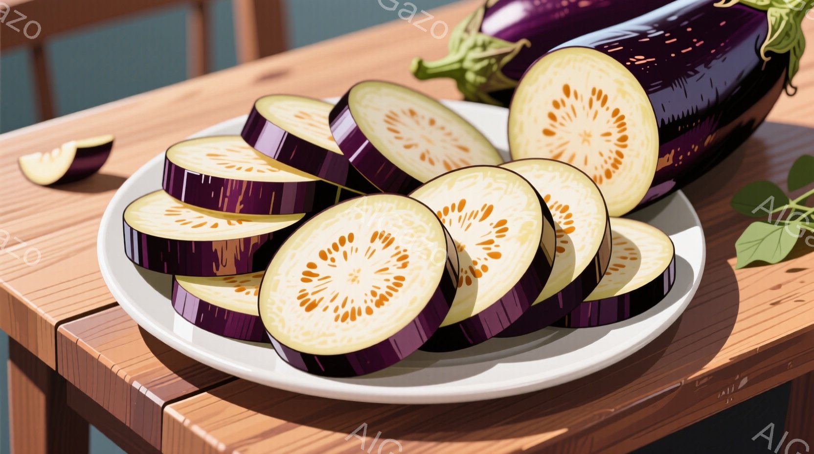 白い皿の上に、紫色のナスが薄切りに並べられています。ナスの断面からは、種子が密集している様子がわかります。木製のテーブルの上に置かれ、背景にはぼやけた木製の家具が見え、全体的に素朴で食欲をそそる雰囲気です。