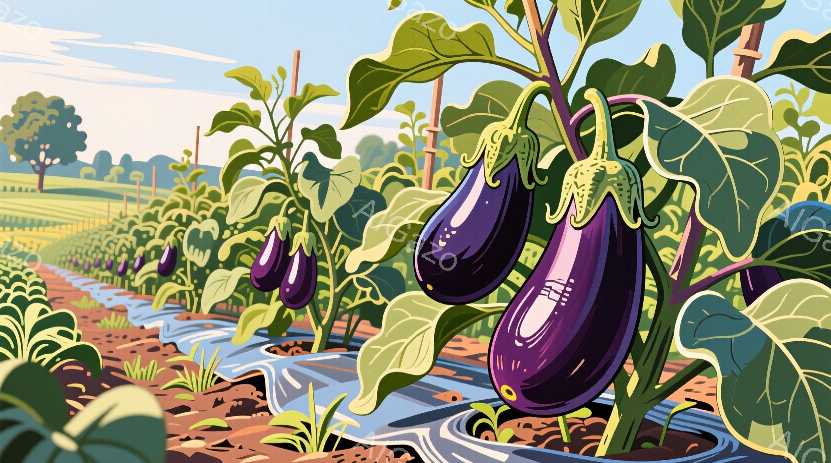 鮮やかな紫色のナスが、緑の葉に囲まれて豊かに実っている様子が描かれています。背景には、プラスチック製のマルチングが敷かれた畑が広がり、遠くには農地と木々が見えます。全体的に、太陽の光を浴びて育つナスの生命力と、夏の穏やかな田園風景が表現されています。