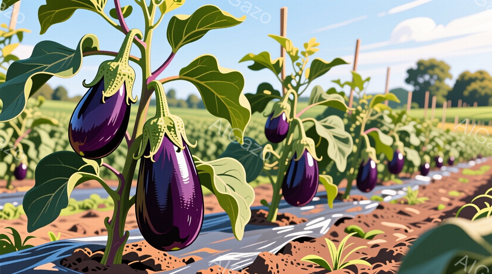 紫色のナスが整然と並んだ畑が広がっており、青々とした葉が鮮やかに映えています。背景には遠くの木々や空が広がり、晴れた日の穏やかな農村の風景を描いています。ビニールマルチが敷かれた畑は、丁寧に手入れされ - AI生成フリー素材