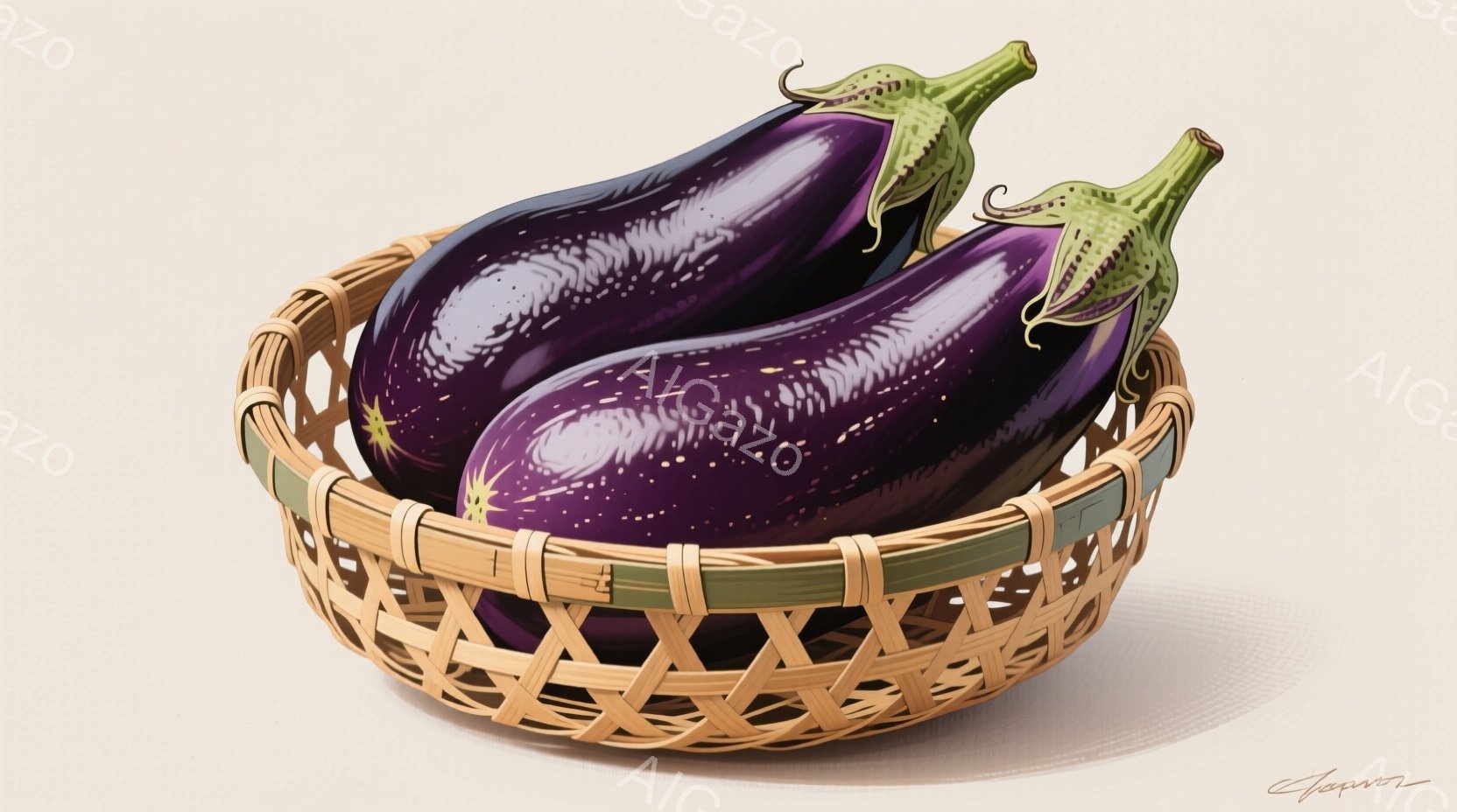 浅い編み込みのバスケットの中に、二本のナスが横たわっています。ナスは鮮やかな紫色で、表面には光沢があり、茎の部分は緑色です。背景は淡いベージュ色で、影が薄く落とされており、全体的に静かで落ち着いた雰囲 - AI生成フリー素材