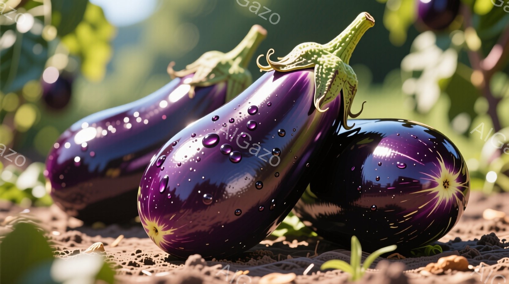 鮮やかな紫色のナスが二つ、土の上に置かれている。水滴が表面に輝き、まるで雨上がりのように見える。背景には緑豊かな植物が広がり、畑の自然な雰囲気が漂っている。 - AI生成フリー素材