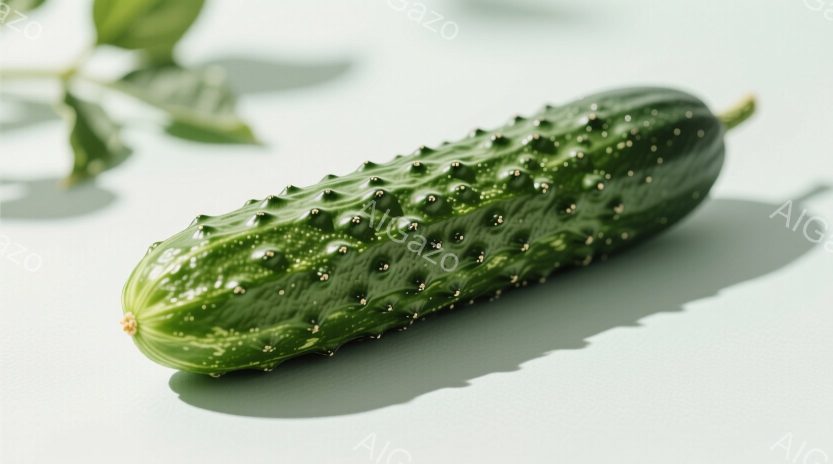 鮮やかな緑色のキュウリが、白っぽい背景の上に置かれている。キュウリの表面には小さな突起がびっしりと並び、光沢があり、新鮮さを感じさせる。背景にはキュウリの葉の一部がわずかに写り込み、シンプルな構図が素 - AI生成フリー素材