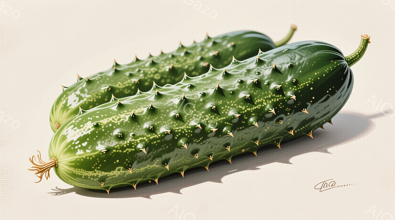 鮮やかな緑色のキュウリが、白い背景に置かれています。表面には細かい突起があり、光沢があり、わずかに影が落ちています。全体的に、シンプルで自然な雰囲気の静物画です。 - AI生成フリー素材