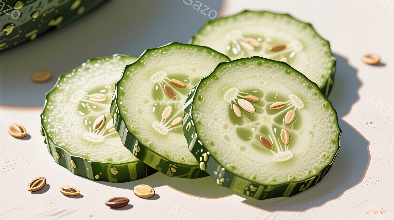 鮮やかな緑色のキュウリのスライスが数枚、明るい背景の上に置かれています。スライスの断面から見える種は、繊細な模様を作り出し、光と影が美しく表現されています。全体的に、清潔感があり、爽やかな印象を与える - AI生成フリー素材