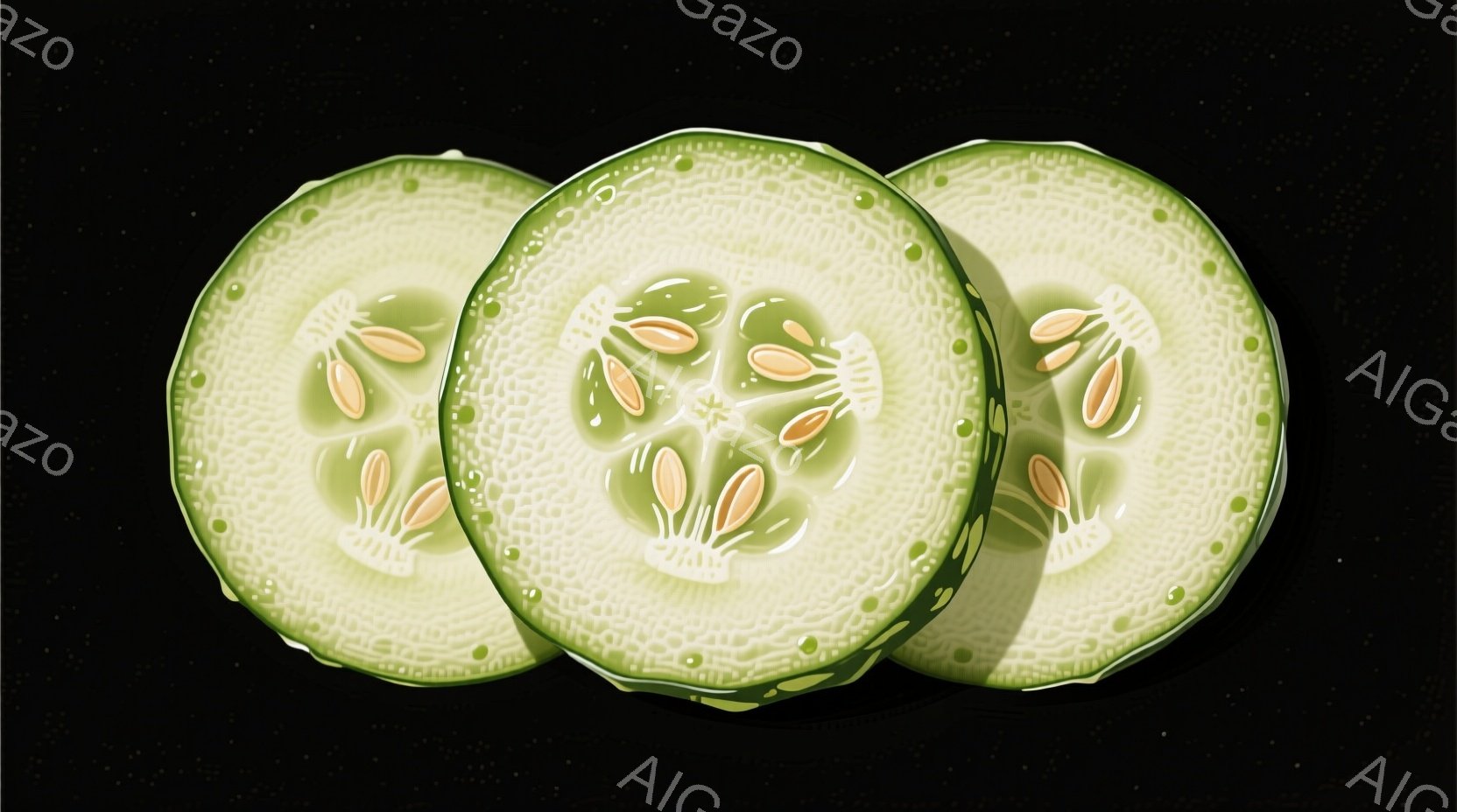 黒い背景に3枚のスライスされたキュウリが並んでいます。各スライスは鮮やかな緑色で、中心に小さな黄色の種が密集しており、新鮮さと食感を想起させます。スライスされたキュウリは光沢があり、影がわずかに付き、立体感とリアリズムを強調しています。
