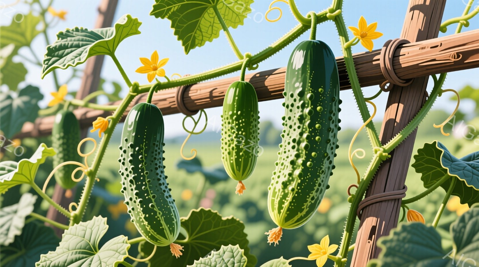 支柱に沿って成長したキュウリが数本写っています。鮮やかな緑色で、表面にはいぼ状の突起があり、実が大きく成長している様子がわかります。背景には、緑豊かな植物と、ぼんやりとした日差しが差し込む自然な風景が - AI生成フリー素材
