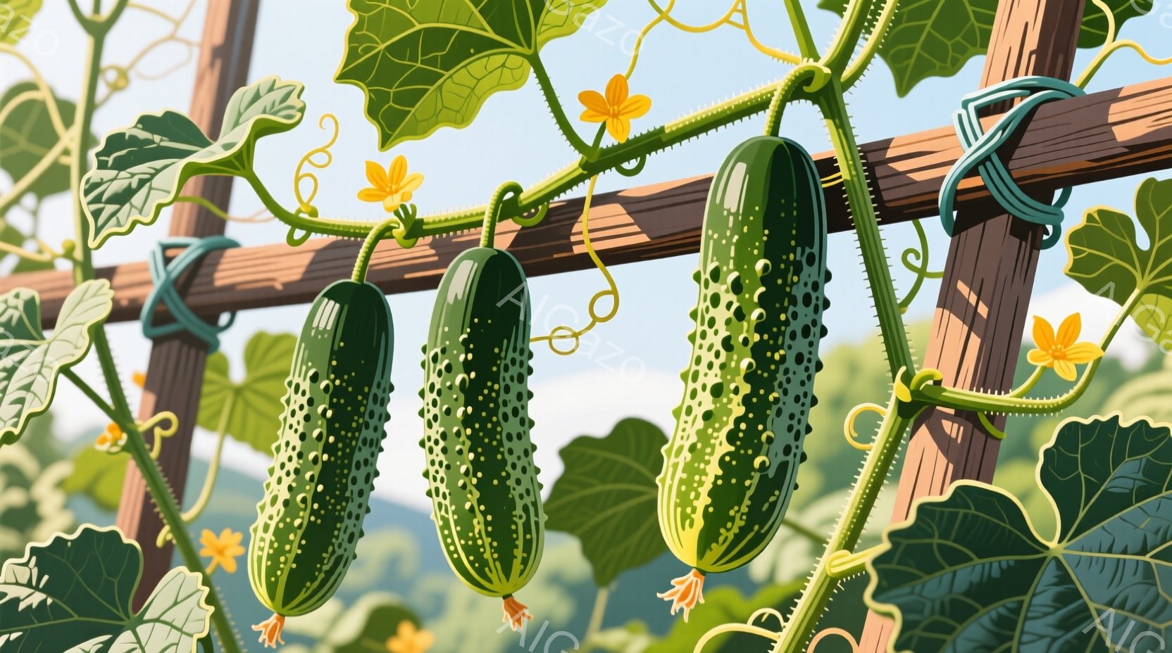 つるに絡みついたキュウリがいくつか吊り下げられています。葉や小さな黄色い花が背景を彩り、木製の支柱がキュウリを支えています。全体的に、穏やかで自然な雰囲気であり、収穫の喜びを感じさせます。 - AI生成フリー素材
