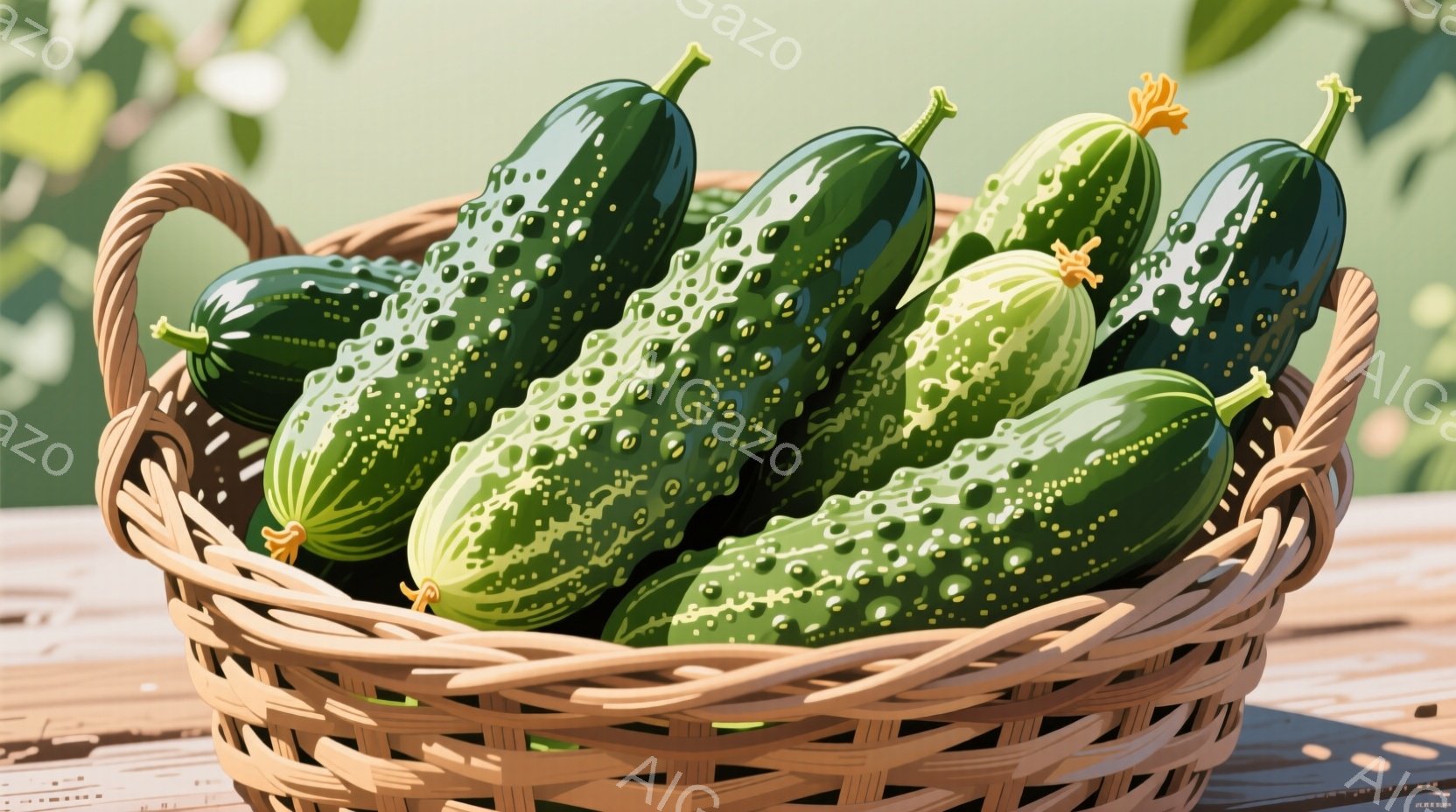 籠の中に新鮮なキュウリがぎっしりと詰まっています。キュウリは濃い緑色にイボがあり、みずみずしい様子が伝わってきます。背景には木製のテーブルとぼやけた緑の葉が見え、全体的に自然で爽やかな雰囲気が漂ってい - AI生成フリー素材