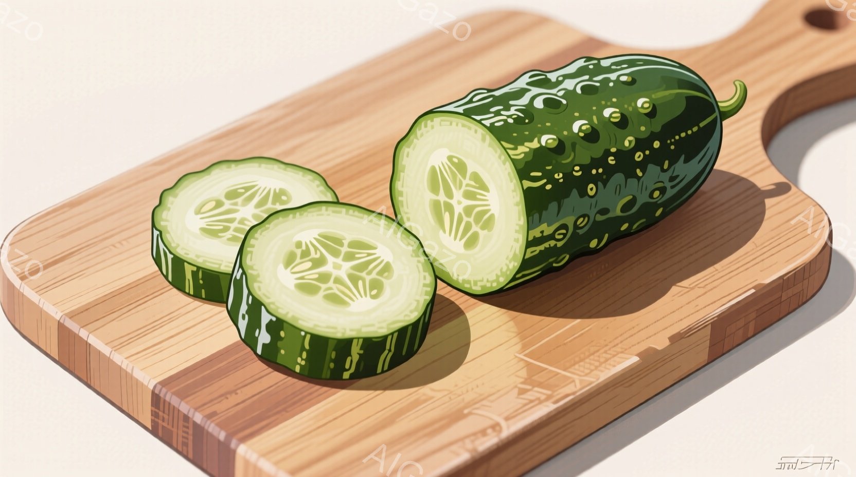 鮮やかな緑色のキュウリが、木製のボードの上にスライスされて配置されています。キュウリは断面から見える種子と、表面のイボがリアルに表現されており、光の当たり方によって影がつけられています。ボードは明るい - AI生成フリー素材