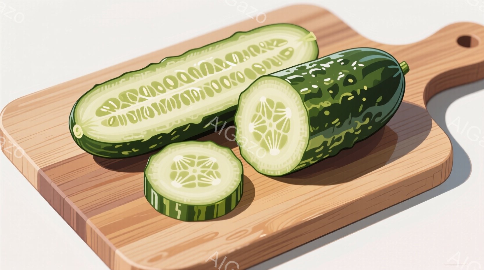 木製のまな板の上に置かれた、切りかけのきゅうりが2つ写っています。きゅうりは濃い緑色で、断面からは白い種が見え、新鮮さを感じさせます。木製のまな板は明るい茶色で、きゅうりの緑色とのコントラストが際立っ - AI生成フリー素材