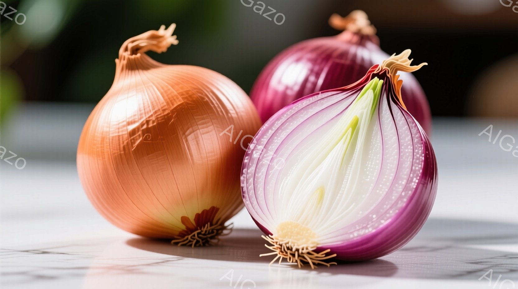 茶色い玉ねぎと、半分に切られた紫色の玉ねぎが白い大理石のような表面に置かれています。紫色の玉ねぎの断面からは、薄い層が放射状に見え、玉ねぎ特有の根が両方ともわずかに見えています。全体的に、シンプルで清潔感のある雰囲気で、食材の自然な色合いが際立っています。