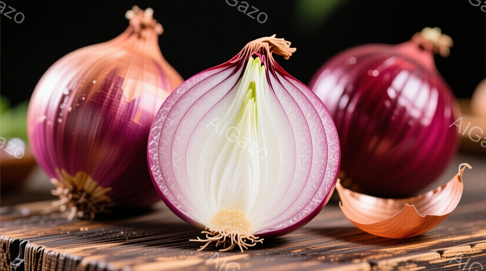 深い紫色をした玉ねぎが、木製の棚の上に置かれています。一つは半分に切られており、内部の白い構造がよく見え、皮が剥がれた部分が隣にあります。背景は暗く、全体的に温かみのある、落ち着いた雰囲気が漂っています。