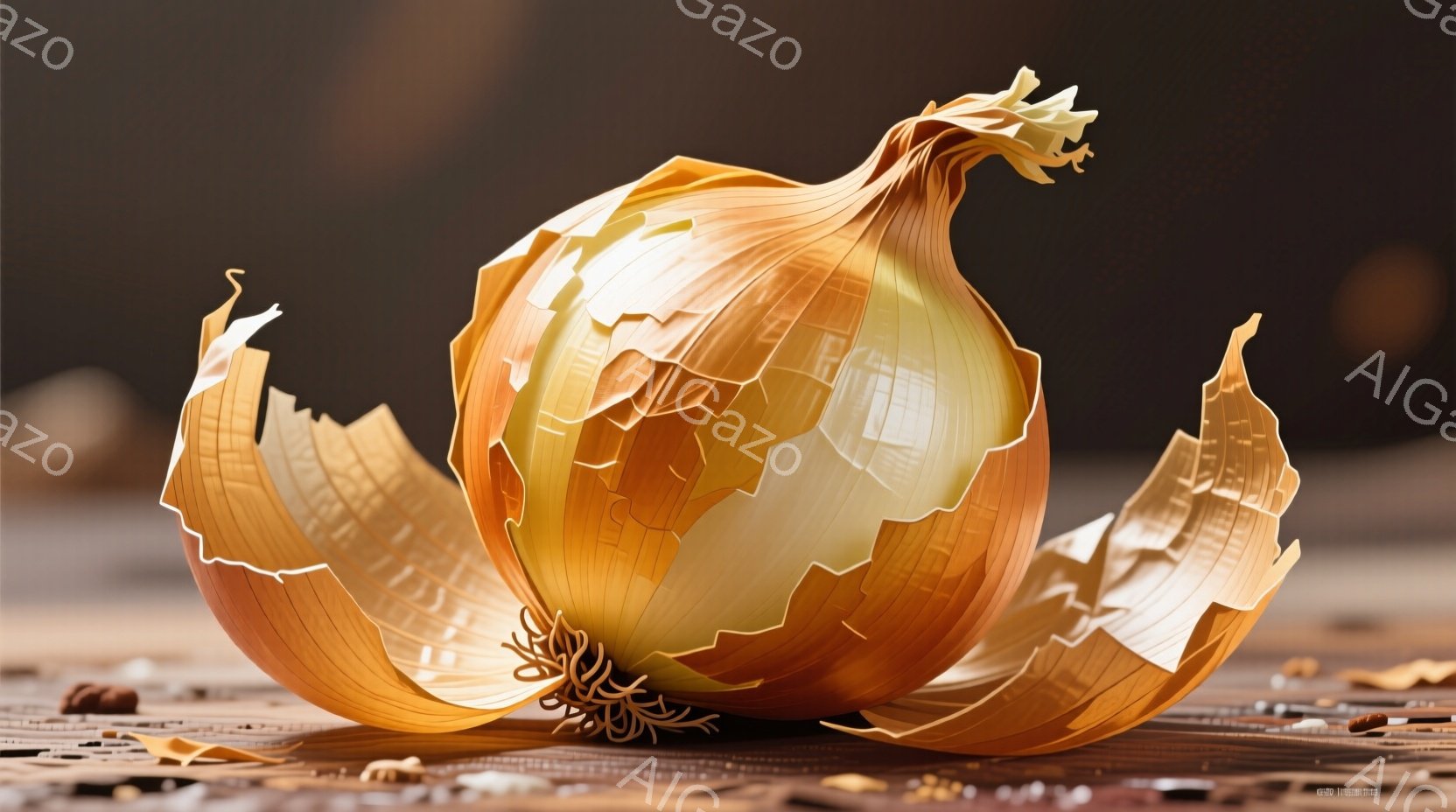 剥きかけの玉ねぎが、茶色の木製の表面に置かれています。玉ねぎの皮は薄く、半透明で、剥がれていくにつれて内側の白い部分が見えています。背景はぼやけており、暖色系の色合いで、全体的に落ち着いた雰囲気です。 - AI生成フリー素材