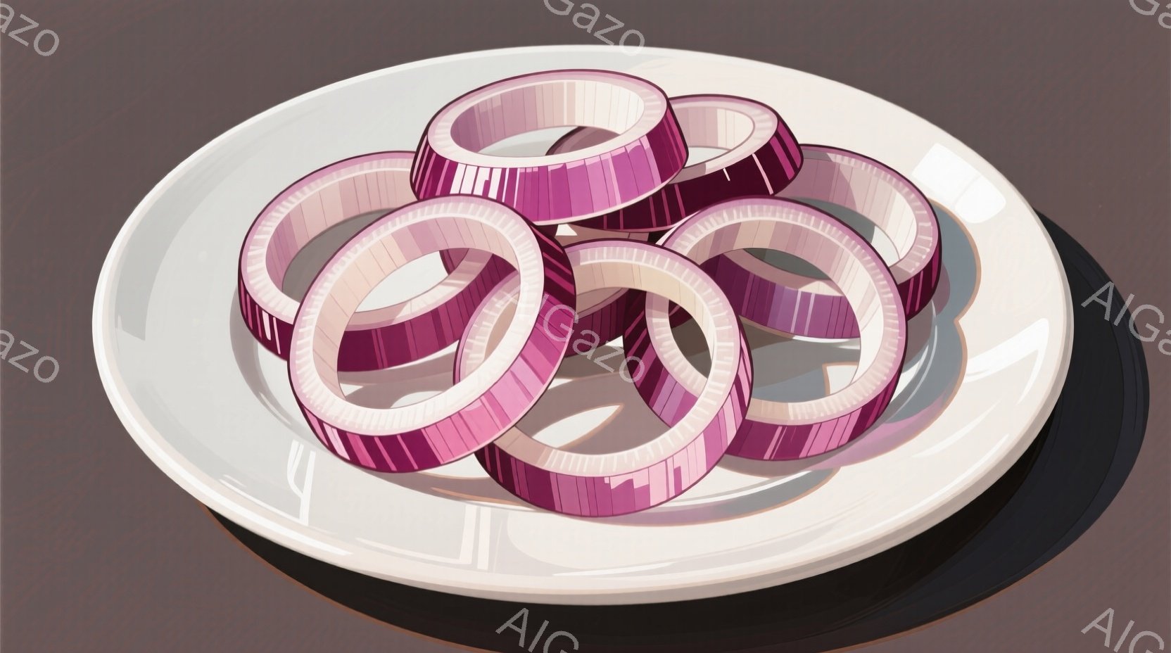 白い皿の上に、薄切りにした赤玉ねぎが積み重ねられています。玉ねぎは紫と白の層がはっきりと見え、光沢があり新鮮な印象を与えます。背景は暗いグレーで、玉ねぎが際立っており、シンプルな構図が食材の美しさを強調しています。