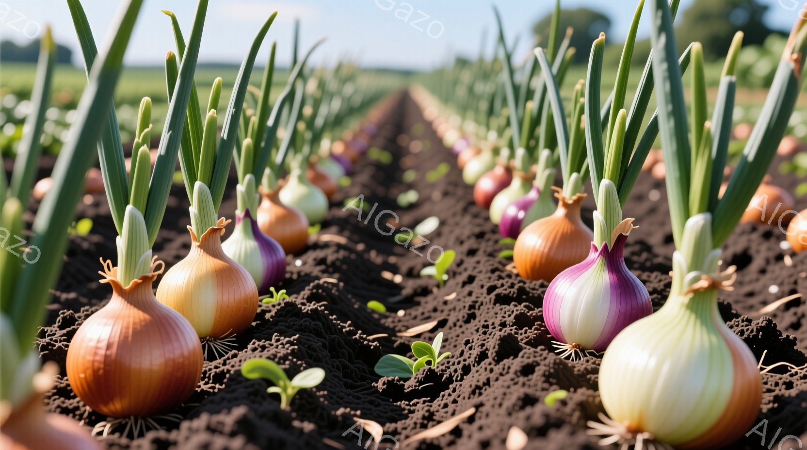 広大な畑に紫色の部分がわずかに見えるオレンジ色の玉ねぎが整然と並んでいます。黒い土の畝の間には小さな緑の芽も点在し、背景にはぼんやりとした緑の植生と青空が見えます。全体的に、収穫を待つ豊かで穏やかな農 - AI生成フリー素材