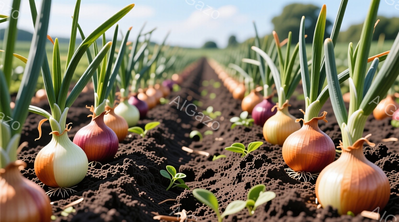 畝に規則正しく並んだ玉ねぎが、強い日差しのもとで成長している様子が写っている。土の色は濃い茶色で、小さな緑色の芽も点在し、生命力に満ち溢れている。背景にはぼやけた緑の風景が広がり、晴れた日の農園の活気を感じさせる。