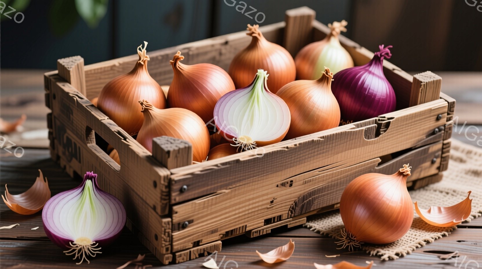 耕作された暗色の土の上に、数個のジャガイモが密集して写っている。ジャガイモは表面に小さな黒い斑点があり、まだ土が付着している様子から、収穫されたばかりであることがわかる。背景には、緑色の植物の葉がわず - AI生成フリー素材