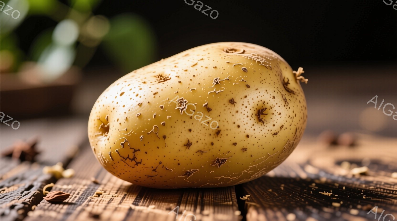 表面に小さな突起がある、茶色と黄色のジャガイモをクローズアップで捉えています。ジャガイモは木製の表面に置かれ、その周囲には小さく乾燥した植物の破片が散らばっています。背景は暗くぼやけており、焦点はジャガイモそのものに当てられています。