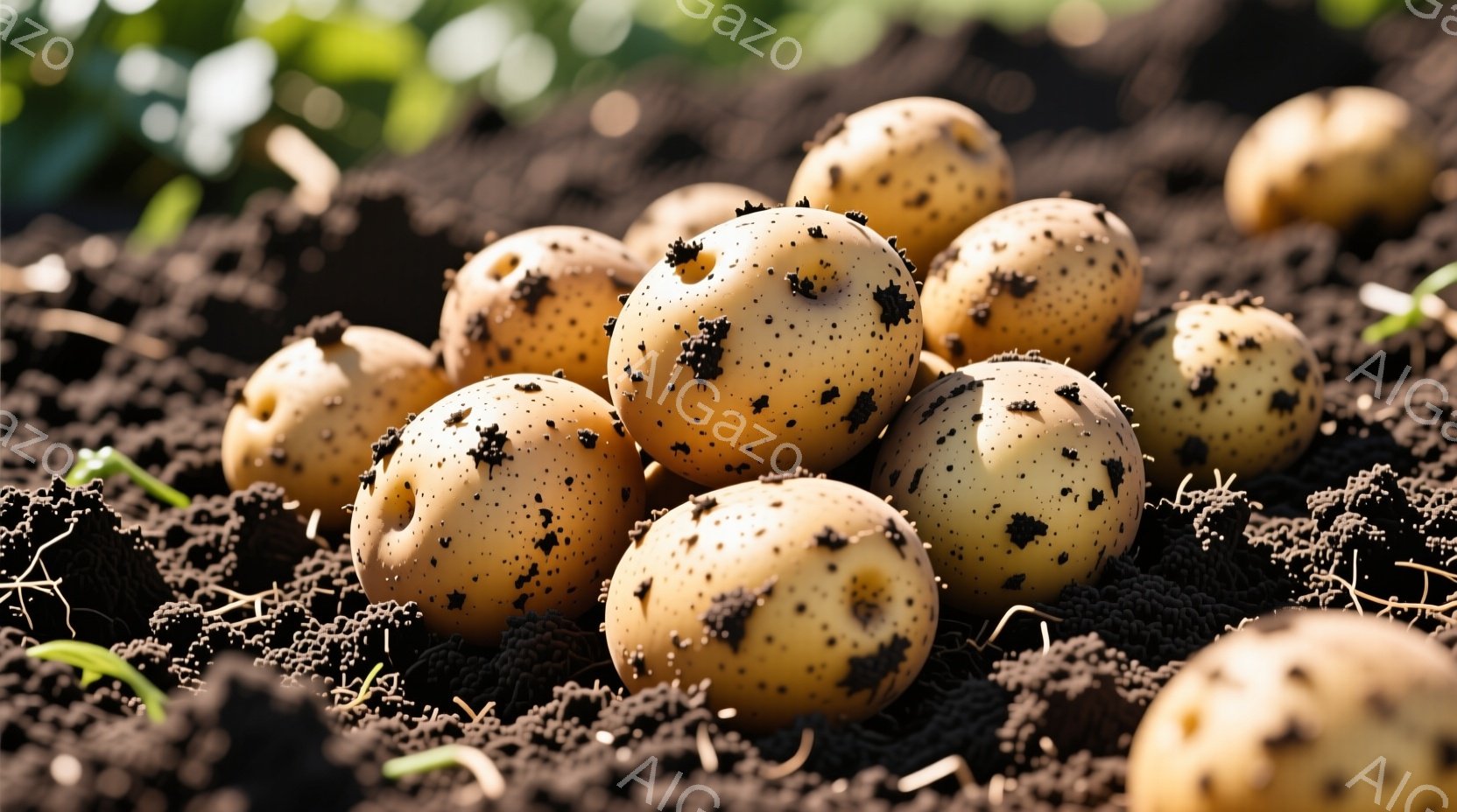 湿った土の中に、芽を出したばかりのジャガイモが密集して写っている。ジャガイモは薄い茶色で、表面には小さな黒い芽が点在し、生命力に満ち溢れている。背景にはぼんやりと緑の植物が見え、土の質感と芽のコントラストが、春の訪れを感じさせる。