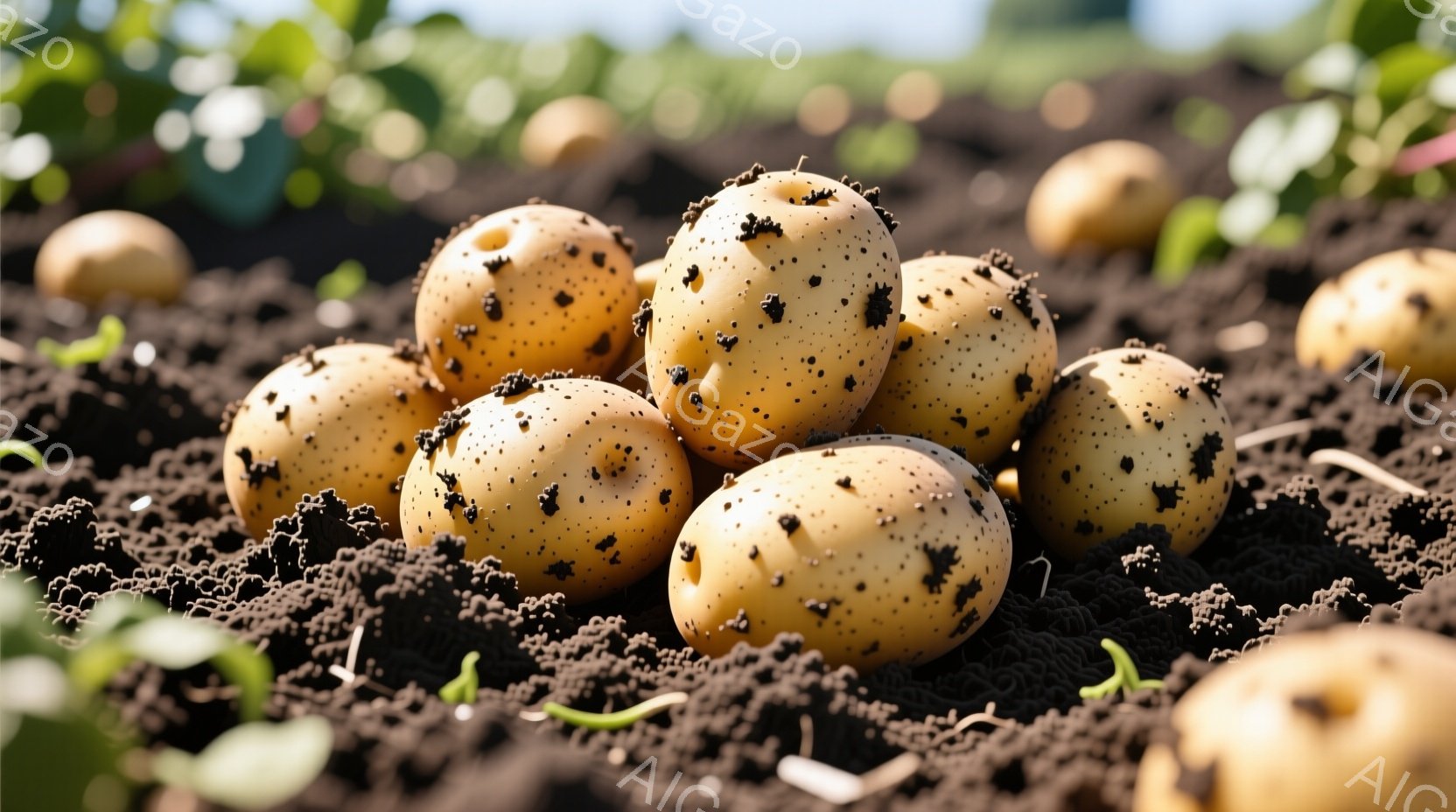 耕された暗い土の上に、数個の新しいジャガイモが密集して並んでいる。土は粗く、種芋から芽が出始めているのが見える。背景には緑色の葉が生い茂っており、晴れた日の農地の様子が伺える。
