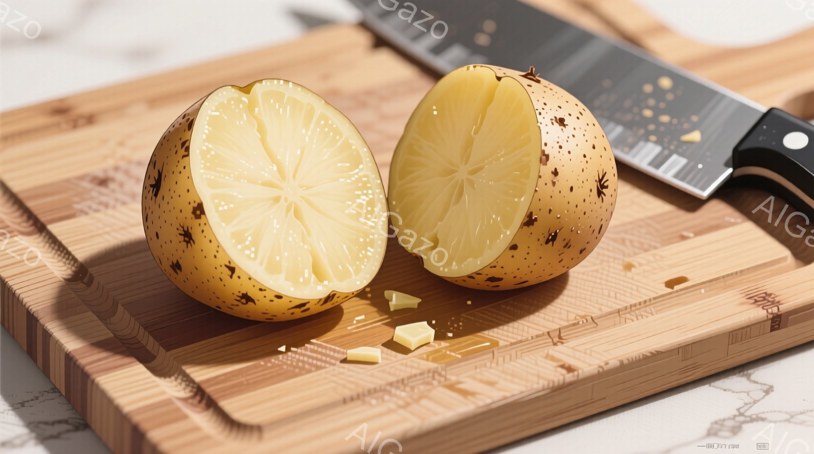 半分に切断されたジャガイモが木製のまな板の上に置かれています。周りには、細かく切られたジャガイモの破片が散らばっており、背景には研ぎ澄まされた刃を持つ包丁が一部見えています。全体的に、料理の準備段階を - AI生成フリー素材