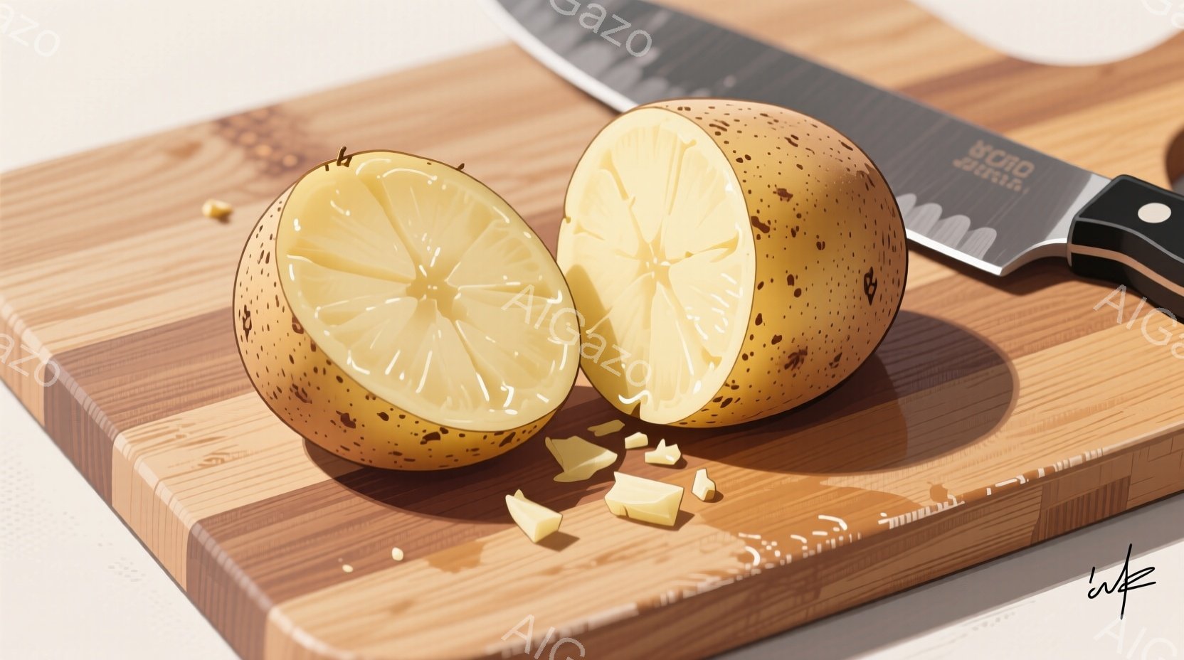 茶色い木製のまな板の上に、切りかけのジャガイモが2つと、小さく切られたジャガイモの破片が散らばっています。背景には、光沢のある黒い柄の包丁が見え、全体的に暖かく、食欲をそそる雰囲気です。影が薄く、自然 - AI生成フリー素材