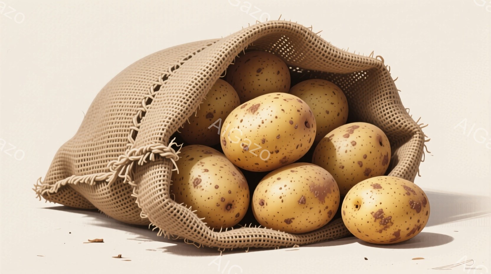 粗い麻袋の中に、茶色と黒い斑点のある卵がいくつか入っている様子が写っている。卵は自然な色合いで、袋の素材感と相まって素朴な雰囲気を醸し出している。背景は淡い色調で、卵と麻袋が際立っており、全体的に静かで落ち着いた印象を与える。