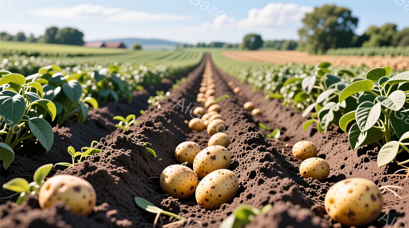 畝に並んだジャガイモが特徴的な写真です。茶色の土に、芽を出したばかりのジャガイモが等間隔に並び、緑の葉がその両脇に生えています。背景には、緑と茶色のコントラストが美しい畑が広がり、遠くにはなだらかな丘陵地帯が見え、晴天の下、穏やかな雰囲気が漂っています。