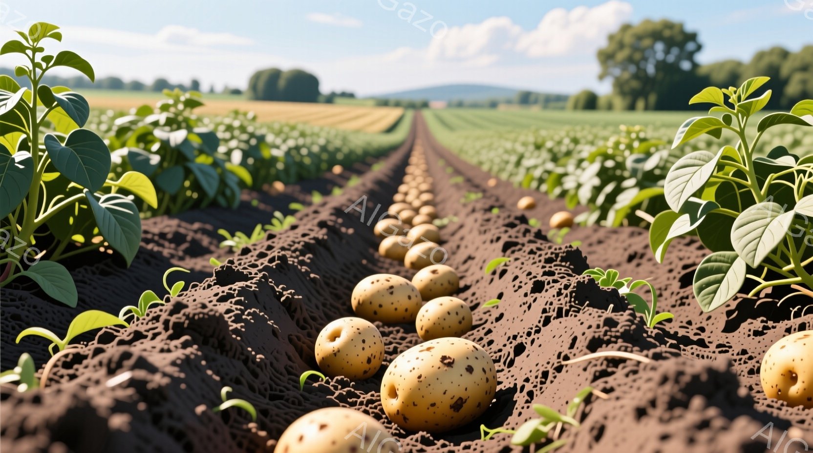 耕作された畑が広がり、土の畝に沿って収穫されたジャガイモが並べられています。緑豊かな葉が生い茂り、遠くには緑の木々と広大な田園風景が広がっています。晴天の下、土の温かさと収穫の喜びを感じさせる、平和で - AI生成フリー素材