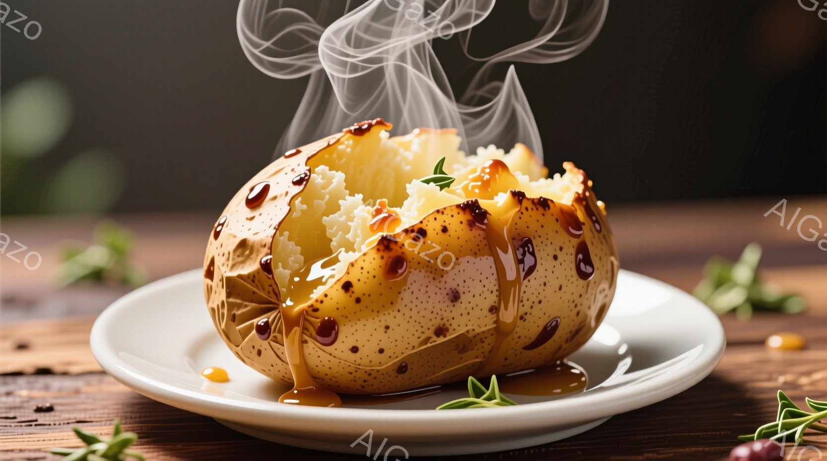 焼き立てのジャガイモが白い皿に盛られ、湯気が立ち上っている。茶色く香ばしい皮には、溶けたバターやソースが流れ落ち、細かく刻まれたハーブが添えられている。背景は木製のテーブルトップで、暖かく家庭的な雰囲気を醸し出している。