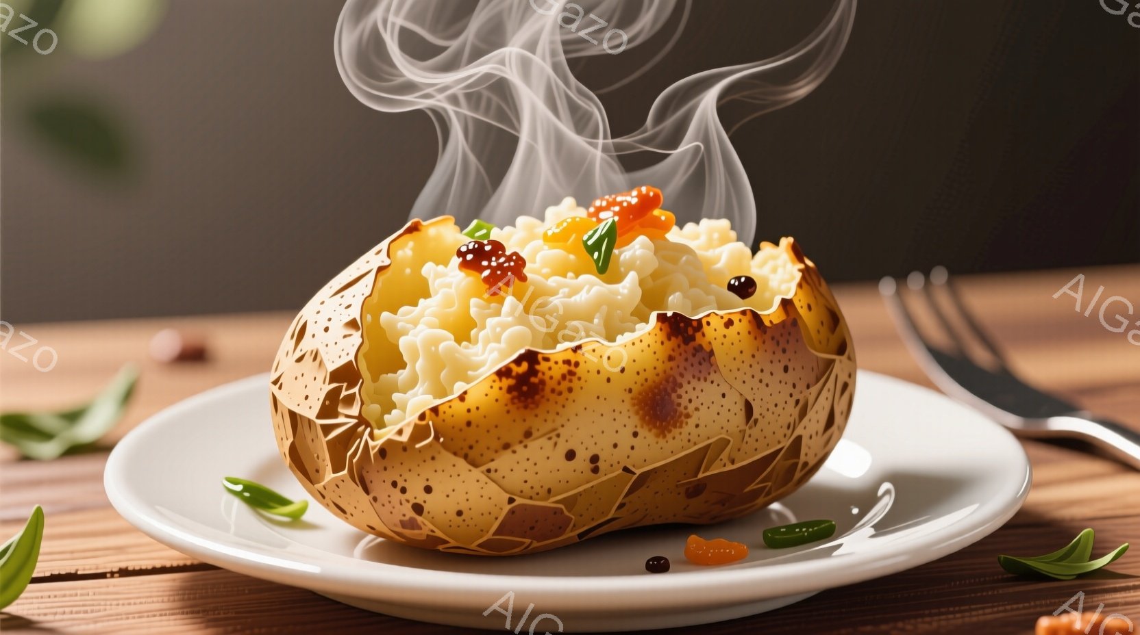 焼き芋が白い皿に乗せられ、湯気が立ち上っている様子が写っています。焼き芋の表面は焦げ目がついており、中にはふわふわの白いものが詰め込まれ、キャビアや緑色のハーブが添えられています。木製のテーブルの上に - AI生成フリー素材