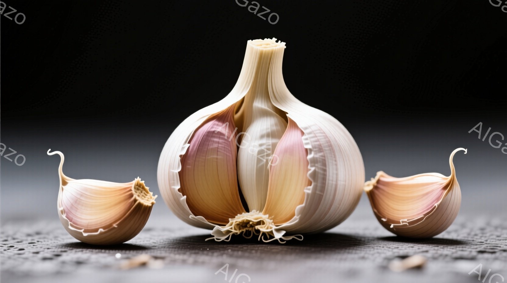 割られたニンニクの球と、割られていないものと、さらに少し割れたニンニクの球が、暗い背景に並べられています。それぞれのニンニクは、淡いクリーム色と紫色の層で構成され、新鮮で自然な質感が強調されています。背景は粗いテクスチャで覆われ、ニンニクの有機的な形とのコントラストを生み出しています。
