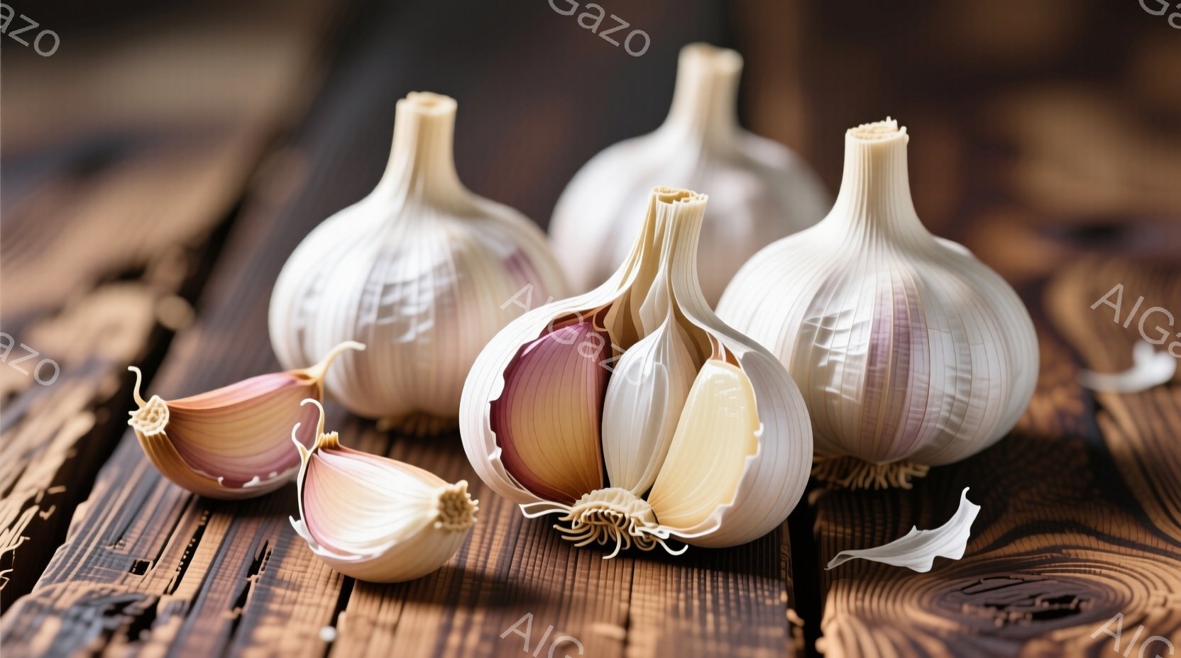 茶色い木製の板の上にニンニクの球根がいくつか置かれています。そのうちの一つは半分に割られており、内部の白い爪が露出しています。全体的に暖色系の色調で、素朴で自然な雰囲気を醸し出しています。 - AI生成フリー素材