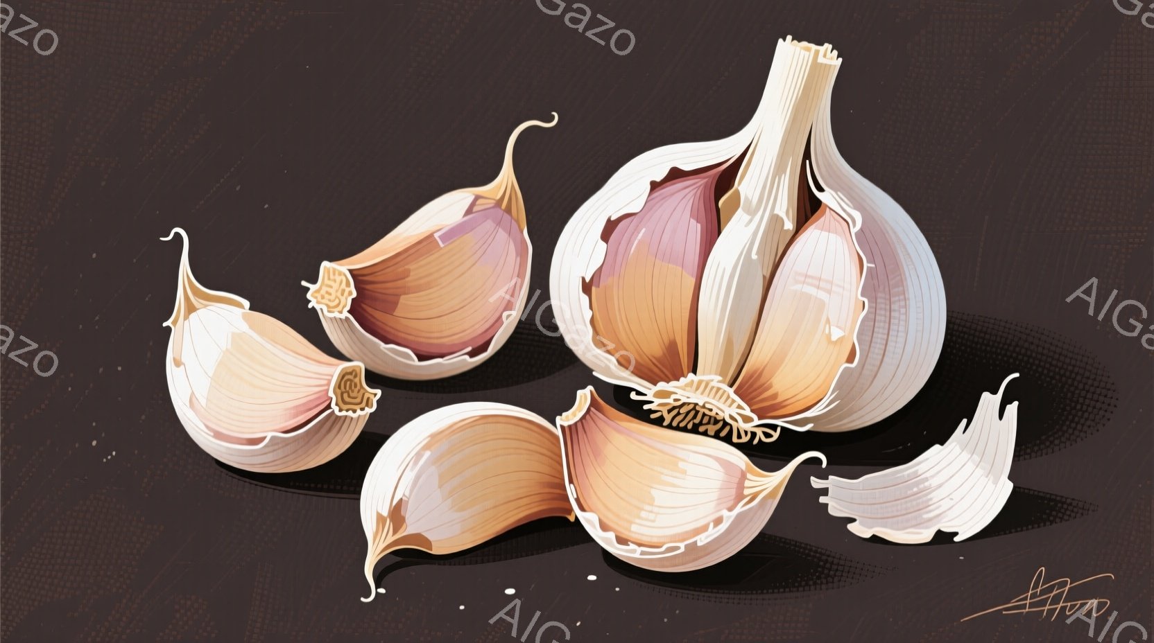 剥き出しのニンニクの球根が、茶色の背景の上に配置されています。球根は一部が割れており、内部の鱗茎が露出しています。全体的に暖色系の色調で、ライティングは柔らかく、食感と立体感が強調されています。