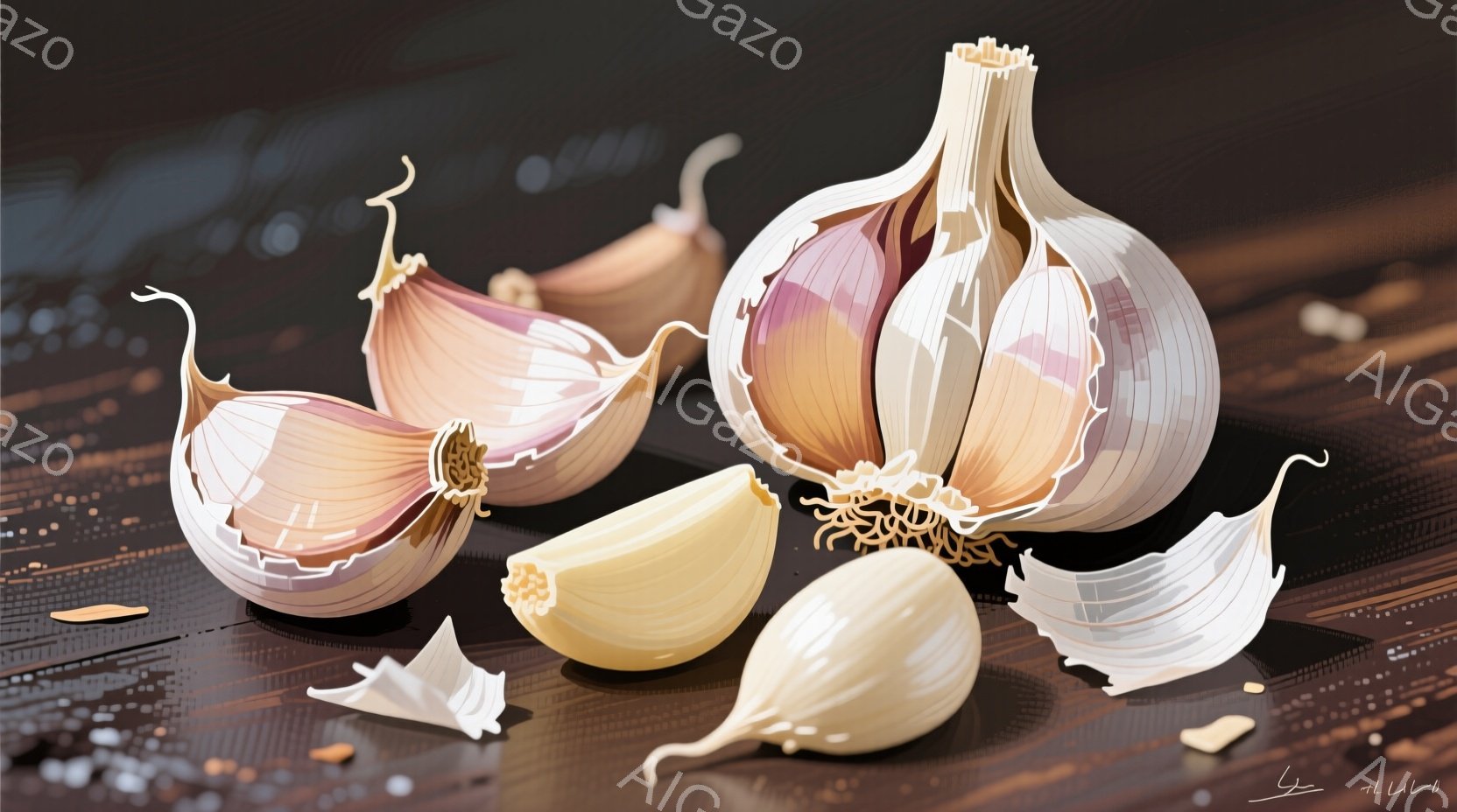 剥き始めのニンニクが、茶色の木製テーブルの上に散らばっています。一部は割れて中身が見え、全体的に温かみのある照明が、それぞれのテクスチャと形状を強調しています。背景は暗く、焦点はニンニクそのものに絞られています。