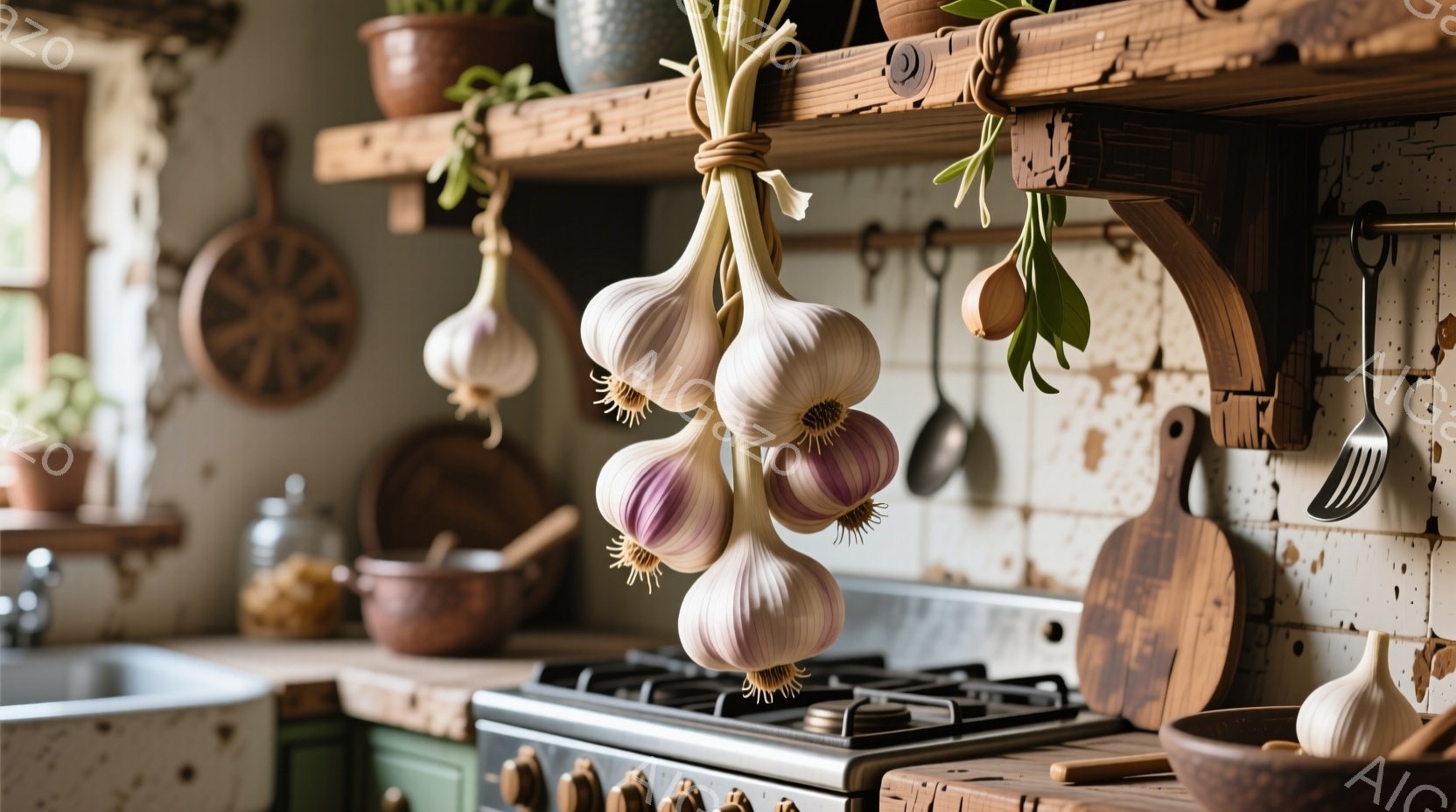 吊り下げられたニンニクの房が、素朴なキッチンで目を引く。背景には、陶器のボウルや木製の調理器具が並び、落ち着いた温かみのある雰囲気を醸し出している。クリーム色のタイルと木製の棚が、キッチンに田舎の魅力 - AI生成フリー素材