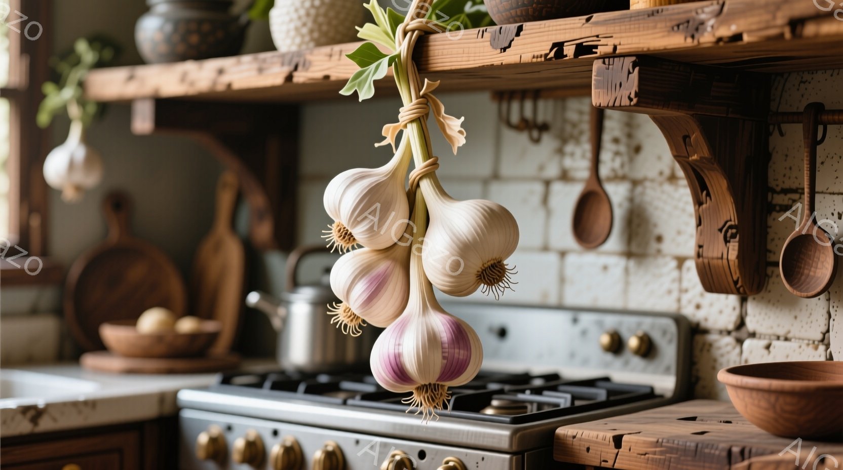 吊るされたニンニクの房をクローズアップで捉えたもので、素朴なキッチンを背景にしています。レンガ造りの壁とアンティーク調の調理台が、暖かく落ち着いた雰囲気を醸し出しています。木製の棚には、調理器具や陶器 - AI生成フリー素材