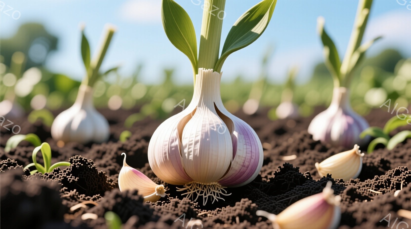 肥沃な暗色の土壌の中に、白と紫色のまだ若いニンニクがいくつか生えています。それぞれのニンニクからは緑色の葉が勢いよく伸びており、背景にはさらに多くのニンニクがぼやけて見えます。晴れた空の下、ニンニク畑が広がり、生命力と自然の恵みを感じさせる穏やかな雰囲気です。
