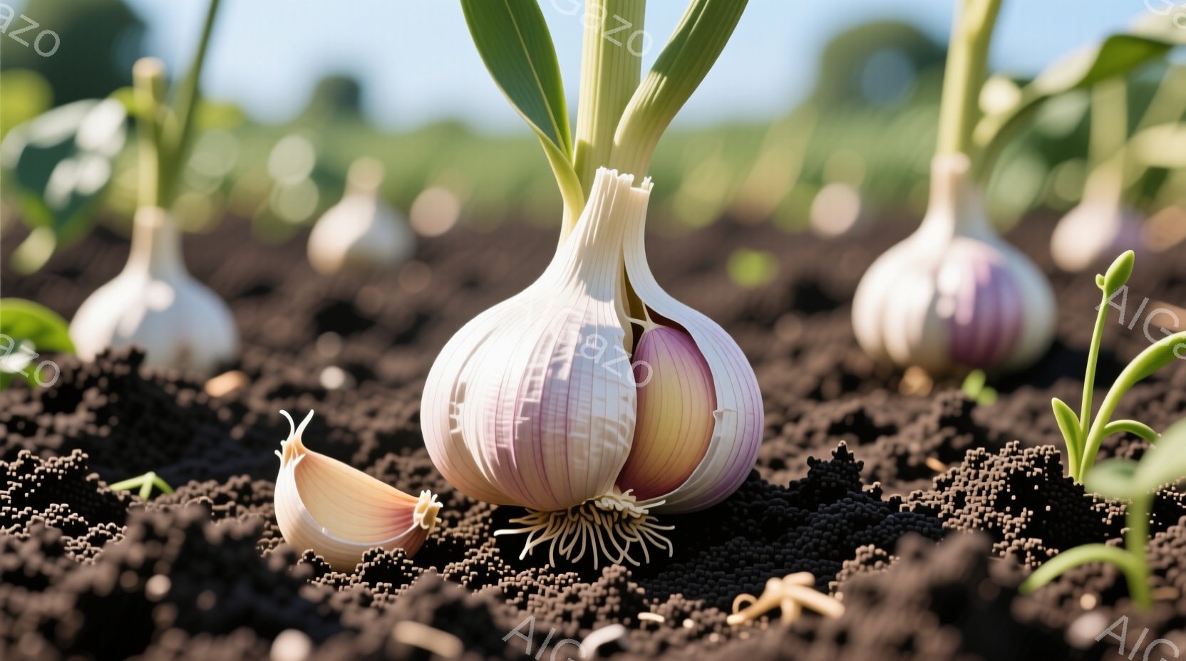 鮮やかな赤色の唐辛子が、細長い棒に串刺しのように並んで吊るされています。背景には、赤茶色の屋根と緑豊かな植物が見え、晴天の青空が広がっています。唐辛子は収穫されたばかりで、太陽の下で乾燥している様子が - AI生成フリー素材