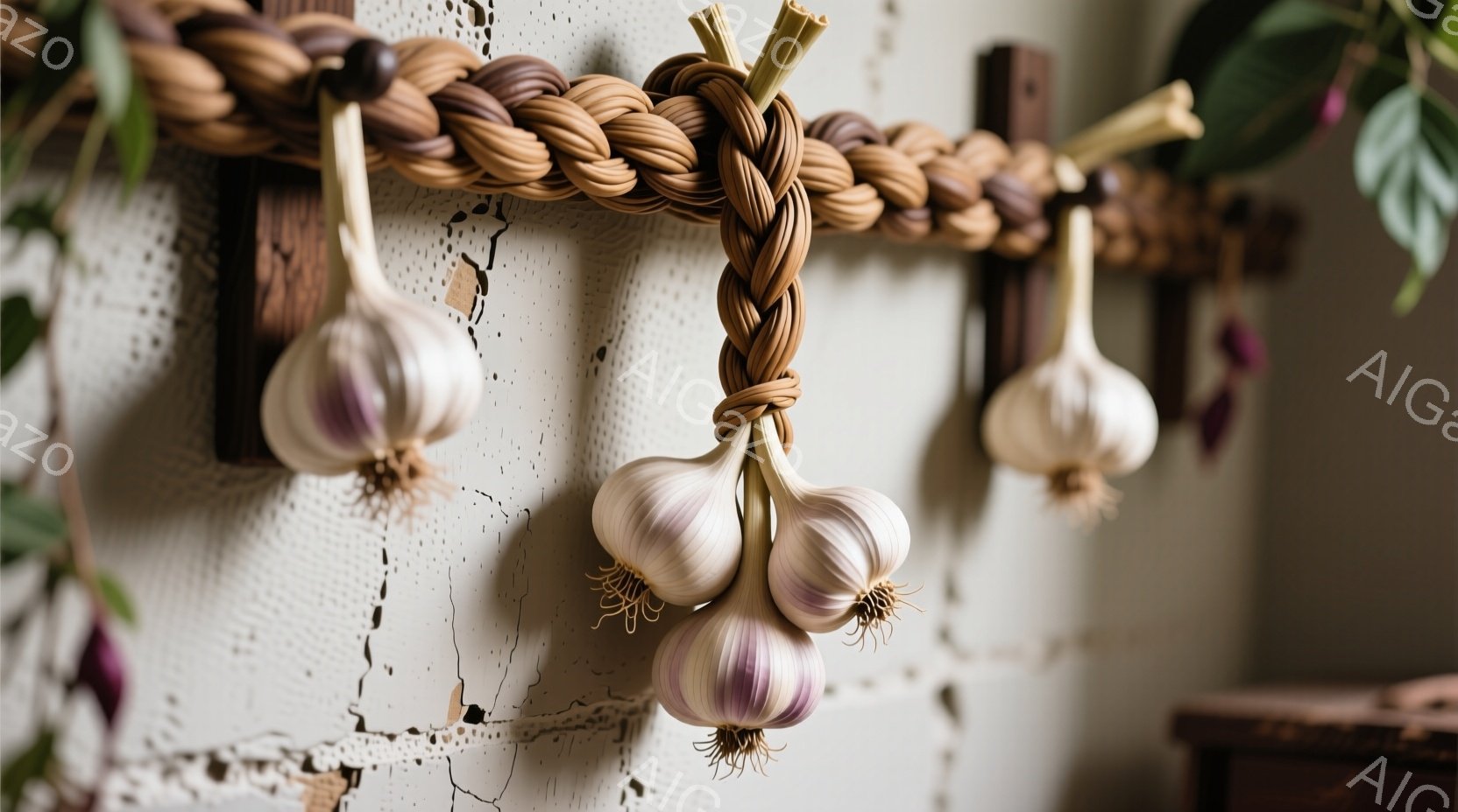 白壁に編まれた麦わらのような飾り付けがあり、そこからニンニクの房がぶら下がっています。ニンニクは紫色がかった白で、根元に藁が付いています。背景には緑の植物が見え、素朴で田舎風の雰囲気を醸し出しています。
