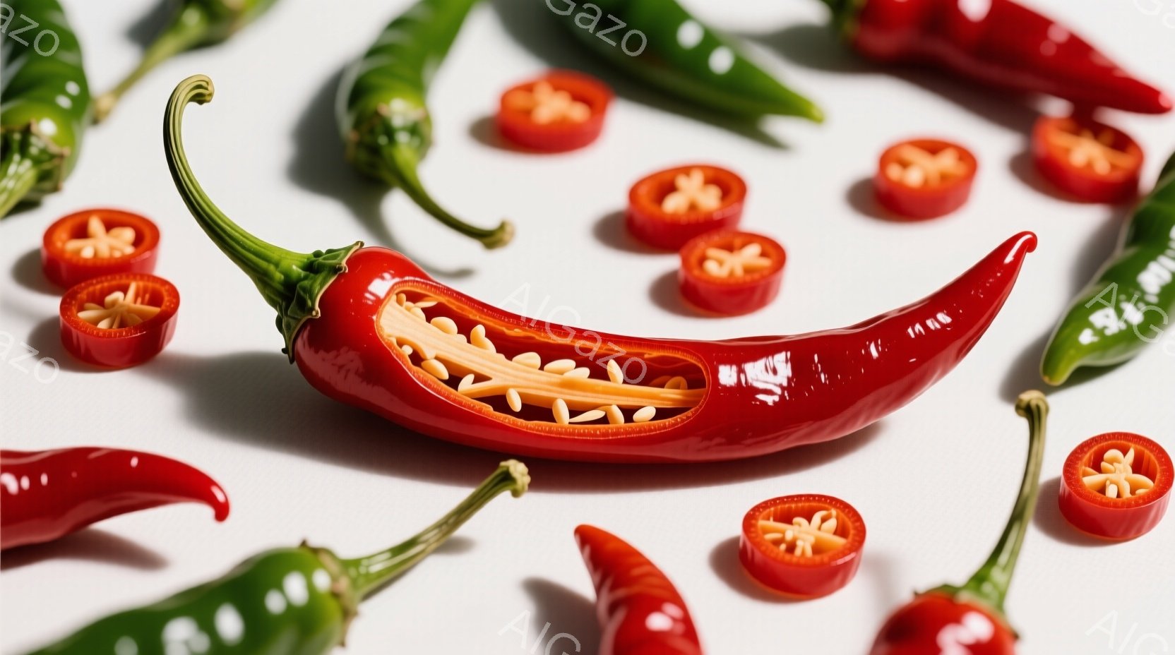 鮮やかな赤と緑の唐辛子が白い背景に散りばめられています。一つの唐辛子は縦に切り開かれており、中から細長いパスタが覗いています。全体的にシンプルで、食材の色彩とテクスチャが際立つ、食欲をそそる雰囲気です。