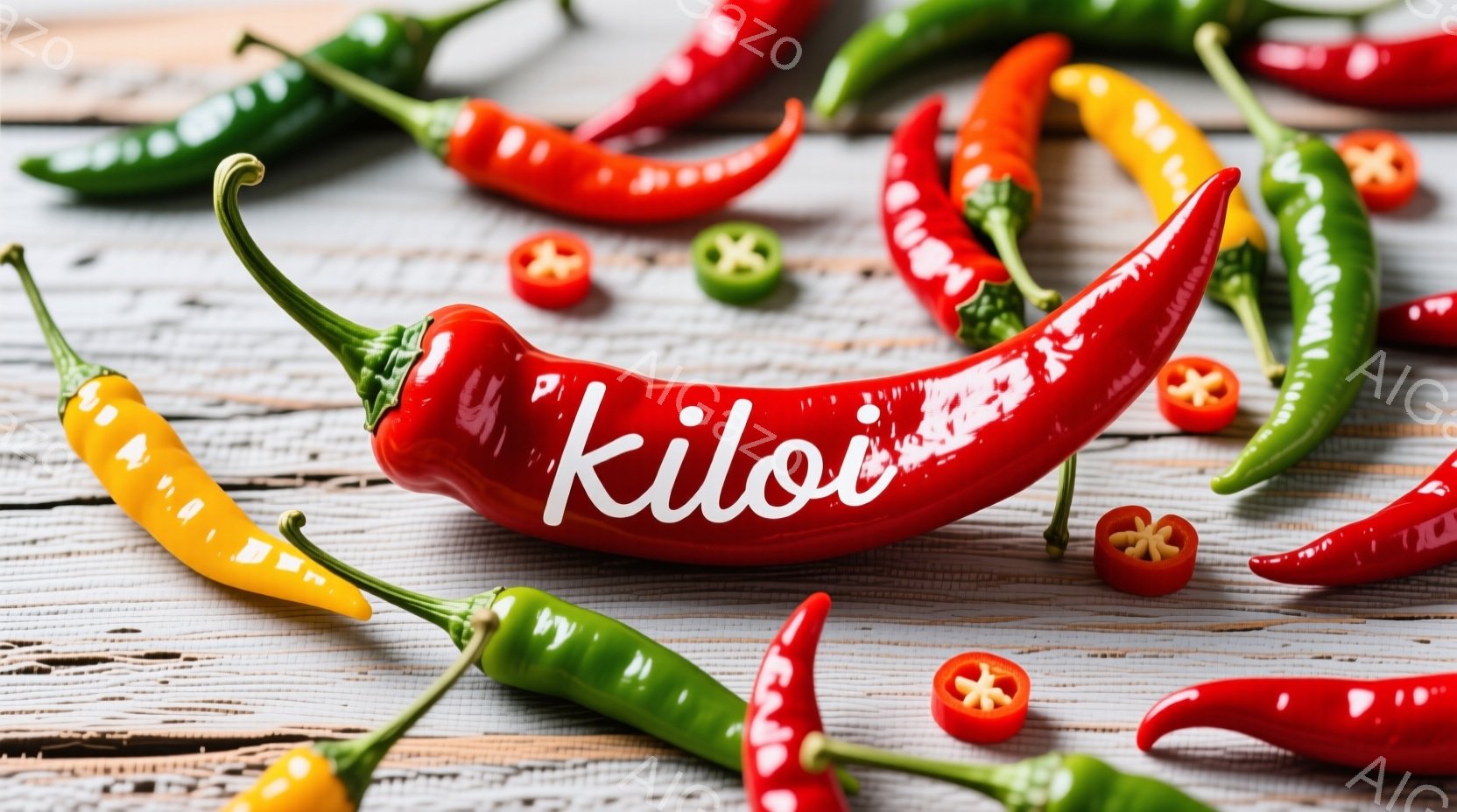様々な色の唐辛子が木製の背景に散らばっています。赤、緑、黄色、オレンジ色の唐辛子が混ざり合い、一部は半分に切られて中身が見えています。全体的に鮮やかで、スパイシーな料理を連想させる雰囲気です。