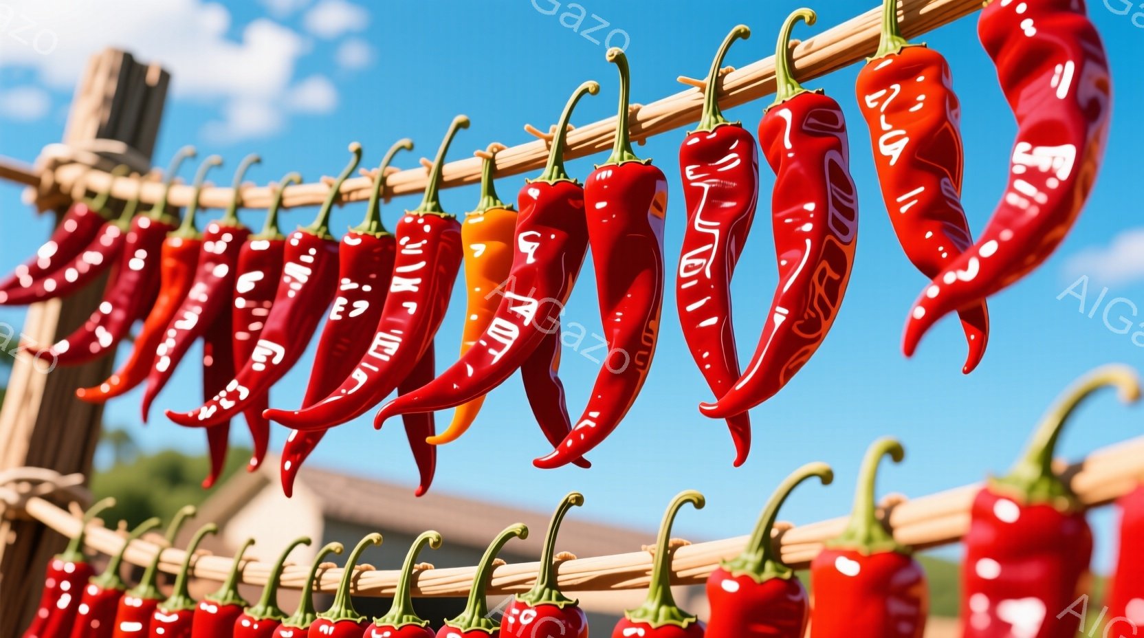 鮮やかな赤色の唐辛子が、一本の棒に串のように並んで吊るされています。背景には、屋根と緑豊かな植物が見え、晴れた空が広がっています。唐辛子は実が熟し、収穫を待っているような、素朴で活気のある雰囲気を醸し出しています。