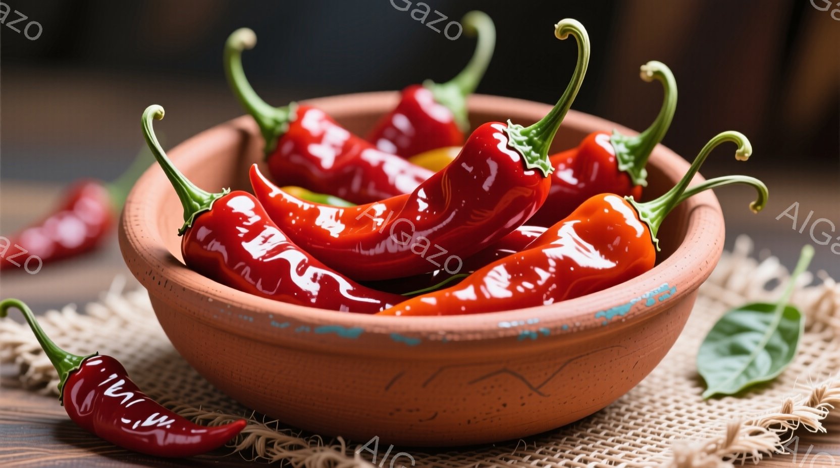 鮮やかな赤色の唐辛子が、素朴な陶器のボウルに山のように盛られています。背景には木製のテーブルと、麻布のような素材が見え、全体的に暖かく、家庭的な雰囲気を醸し出しています。唐辛子のつややかな質感が、美味 - AI生成フリー素材