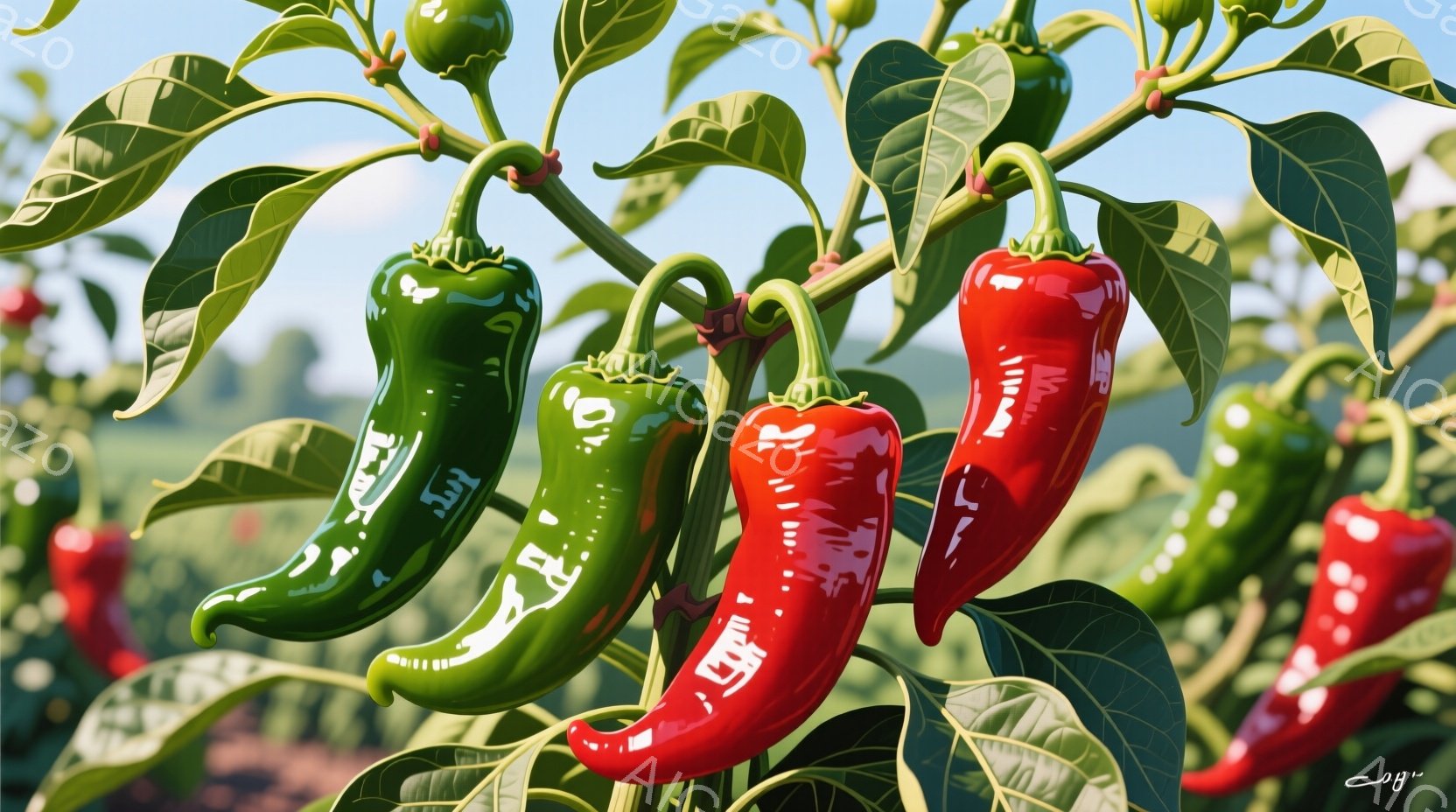 鮮やかな赤と緑の唐辛子が、緑の葉に茂った植物に実っている様子が描かれている。背景には、ぼやけた緑の畑が広がり、晴れた日の穏やかな光が全体を照らしている。唐辛子は豊作を暗示し、自然の恵みを感じさせる、活 - AI生成フリー素材