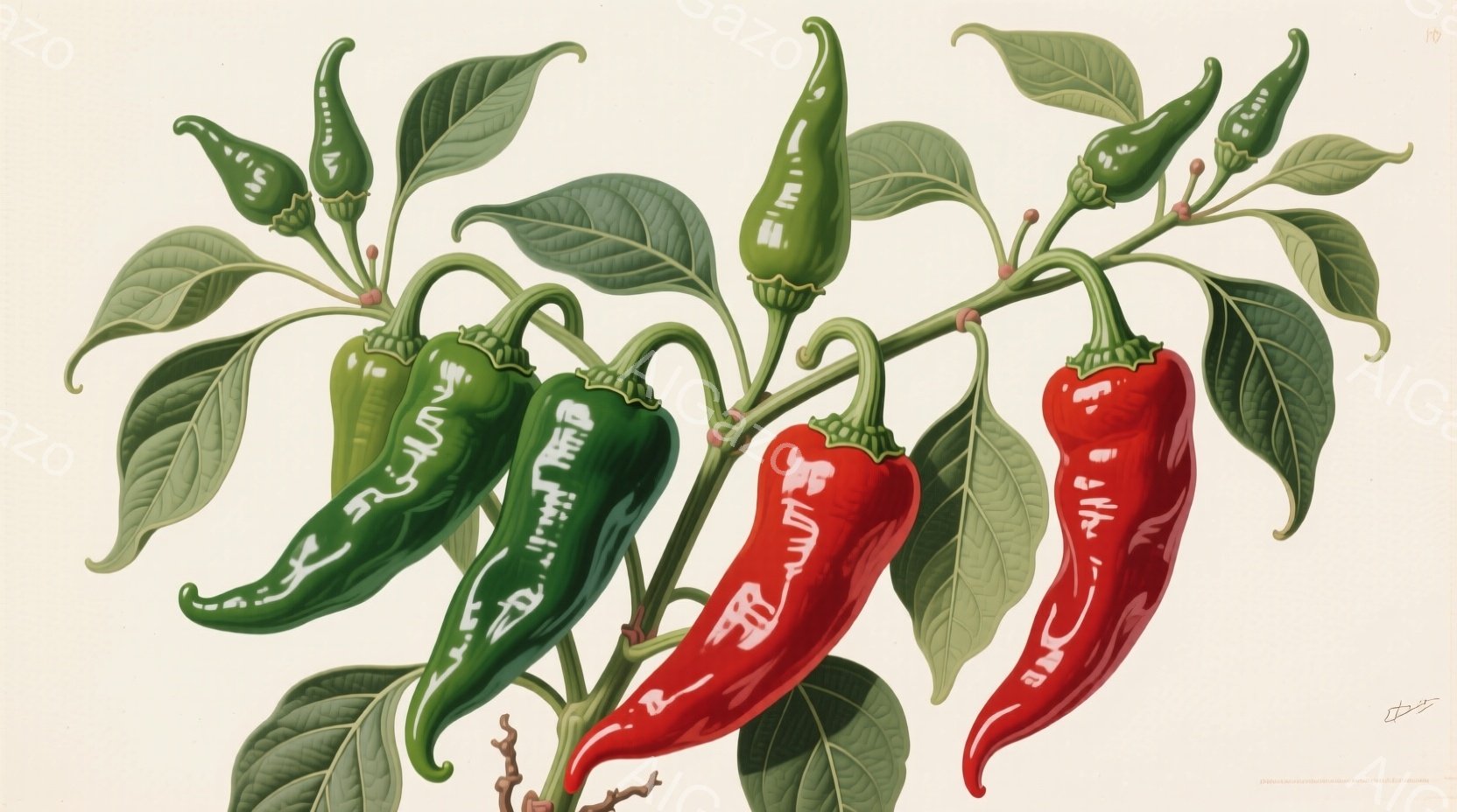 鮮やかな赤と緑の唐辛子が枝につるして描かれており、葉は緑豊かで、茎は茶色で曲線的です。唐辛子はそれぞれ異なる形と大きさで、表面には繊細な模様が描かれています。背景は淡いベージュ色で、唐辛子の鮮やかな色が際立っています。